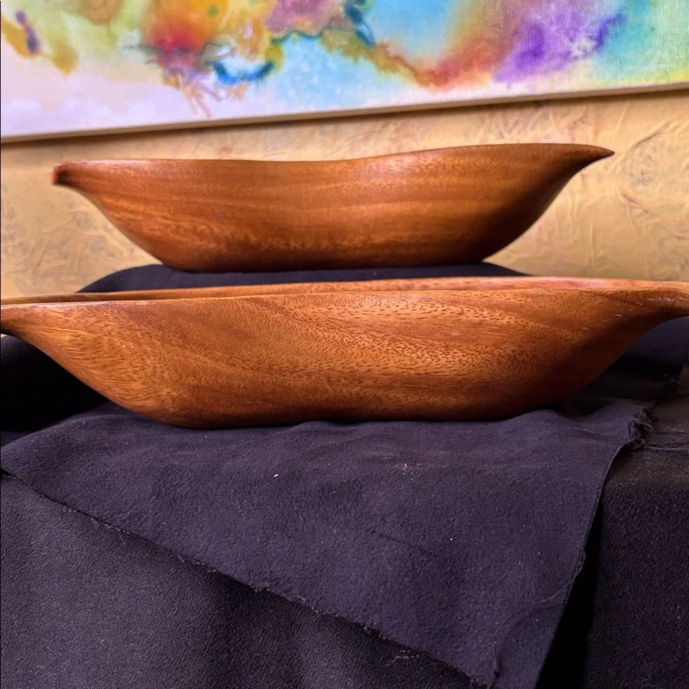 Mid-Century Modern Monkey Pod Leaf Bowls Hand Carved ~ set of 2